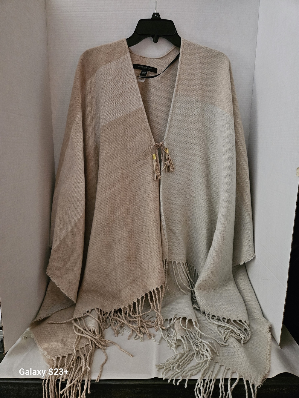 Andrew Marc Taupe and Cream Fringe Poncho Cape